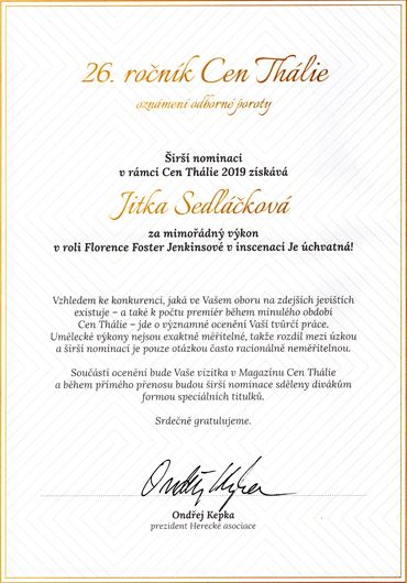 Cena Thálie 2018 - Sedláčková